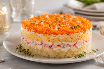 Интересный салат с крабовыми палочками и сырой морковью: готовим &laquo;Бархат&raquo; &mdash; нежный, слоеный и из простых продуктов